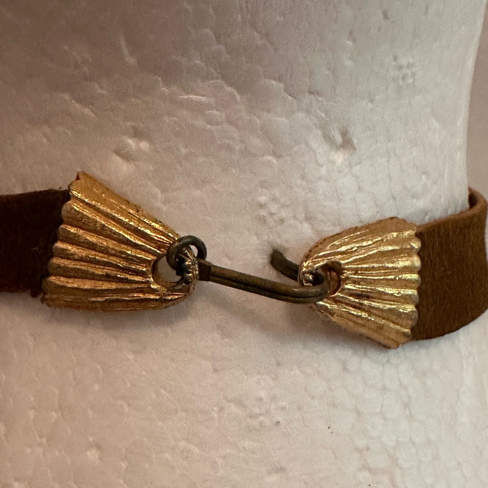 Vintage choker green brown suede gold hook closure ☮️ necklace - Picture 8 of 11